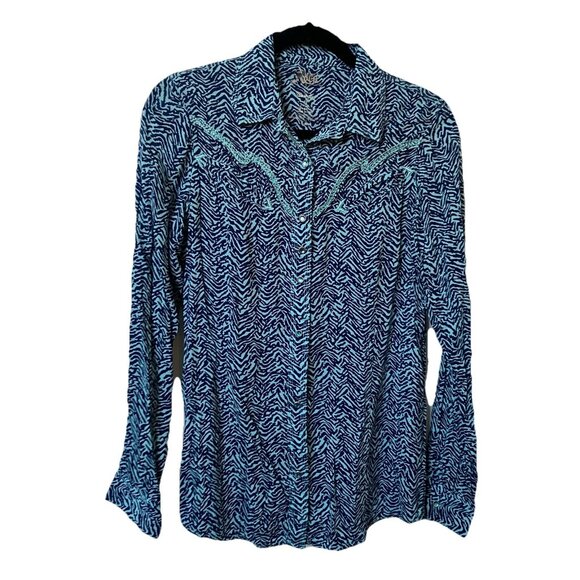 Y2K Rock 47 Wrangler Pearl Snap Shirt Womens M Blue Animal Print 2000s Western - Picture 1 of 8